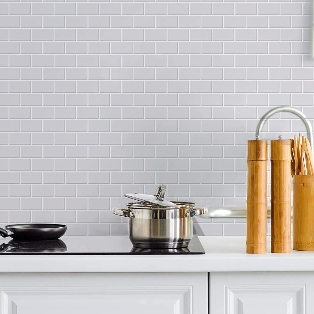 Subway Tile Peel and Stick Backsplash, White with gray grout: image 1